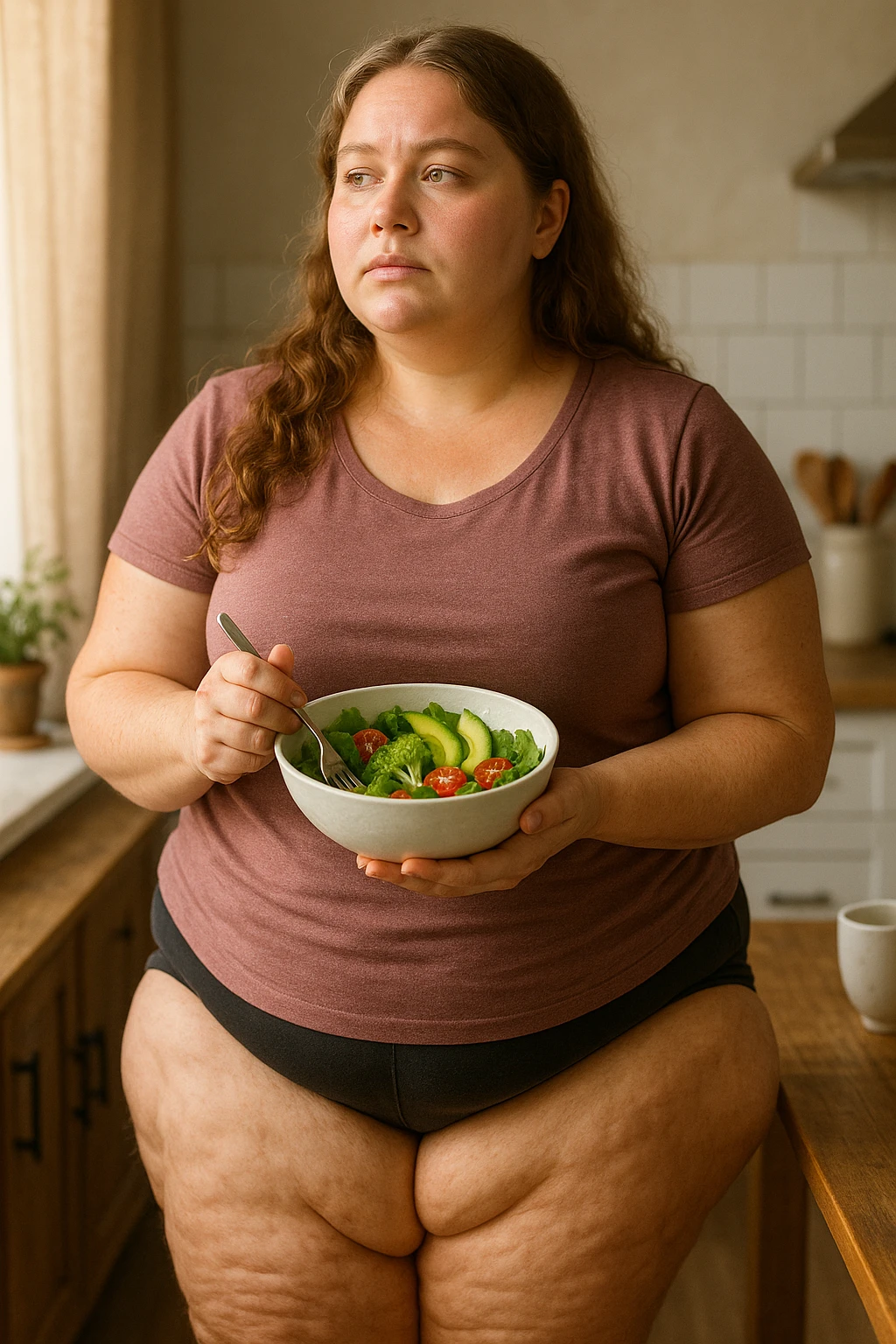 Donna con Lipedema che fa la dieta per migliorare anche a causa della sua PCOS, immagine realistica emoji