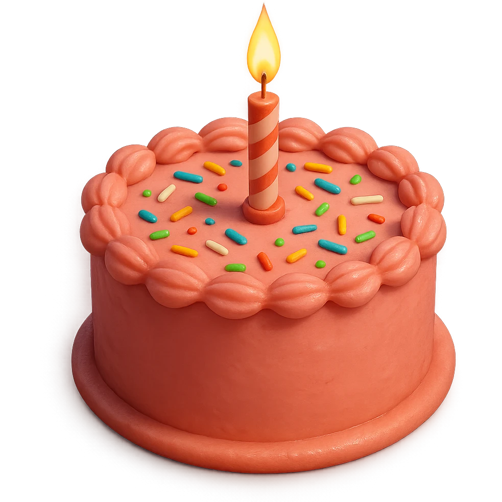 Draw a Pixar-style birthday cake with pink frosting and a single candle. The cake should be visible from the front and top. emoji