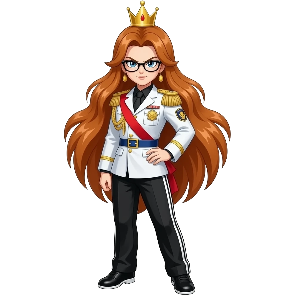 brown bushy auburn haired female android 21 from dragon ball super are wear gold tiara black glass white military tunic arm badge shoulder cord medal red sash blue belt black trouser with two side stripes white shoes and become as evilness emoji