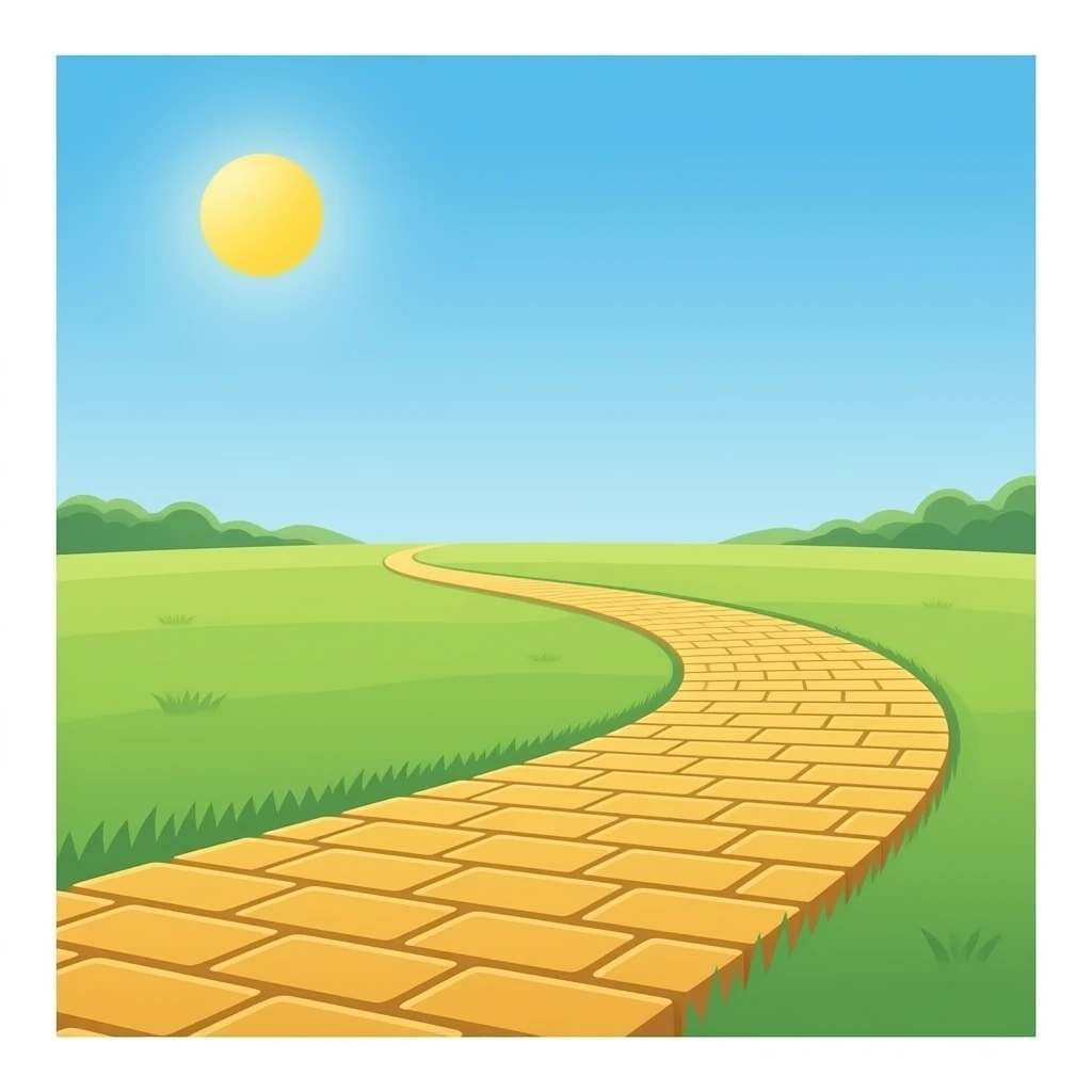 simple yellow brick road that goes out to the distance, curving left and right. no sky. just the yellow brick road. Keep it light on details emoji