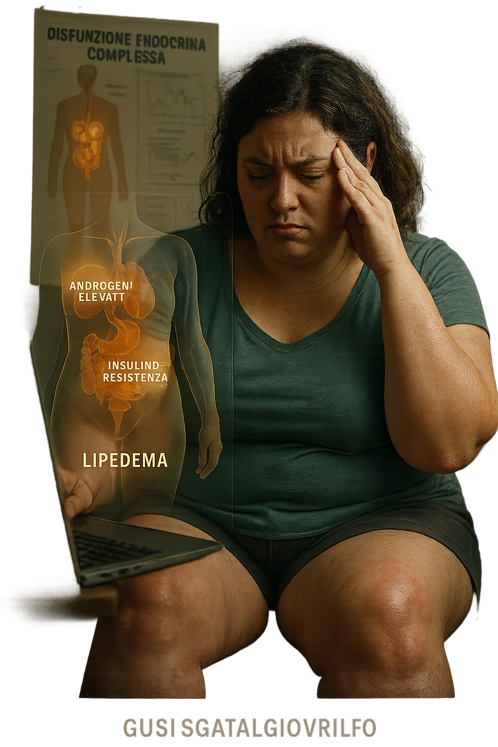 cinematic realistic in italiano Woman with PCOS struggling with hormonal chaos, transparent overlay showing elevated androgens and insulin resistance affecting her body, lipedema causing disproportionate fat accumulation in legs and arms despite normal torso, expression of frustration with unexplained weight gain, medical charts showing complex endocrine dysfunction, painful swollen limbs contrasting with metabolic confusion in italiano emoji
