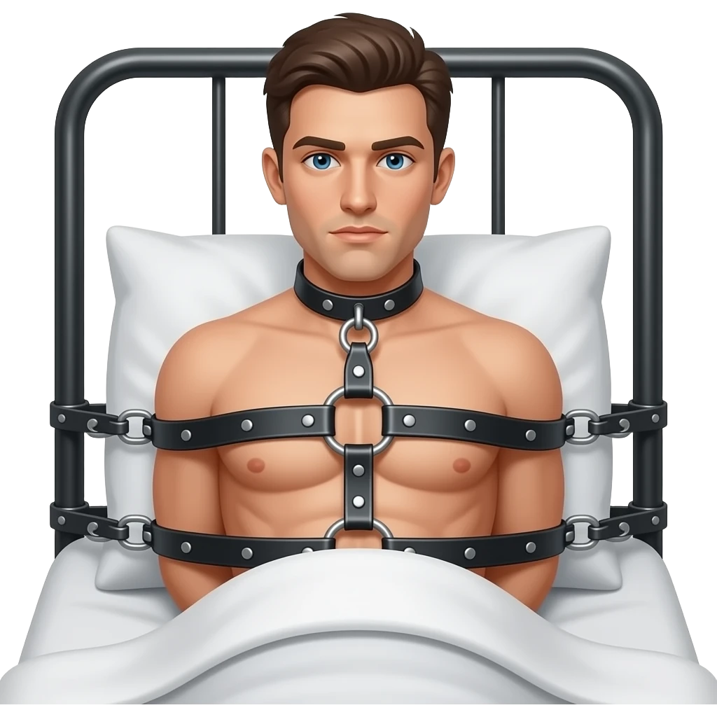 H Male tied to bed on his back bdsm bondage, wearing chastity cage emoji