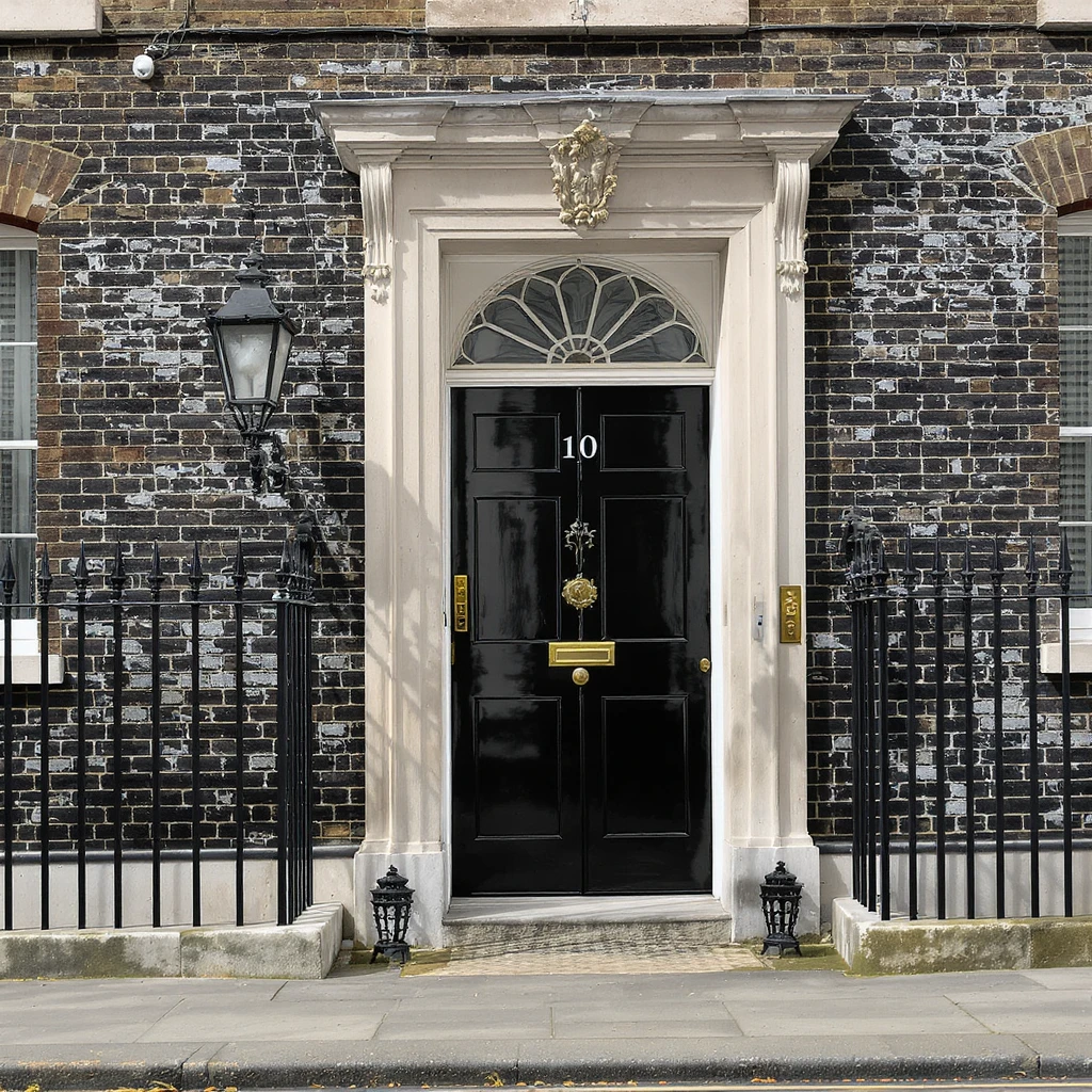 Zoom out for a wider angle view of 10 Downing Street in London, isolated against a white background. Maintain the cinematic, realistic style with the iconic black door, Georgian brick facade, lifelike detail, accurate colors, and bright lighting. Do not change anything else. emoji
