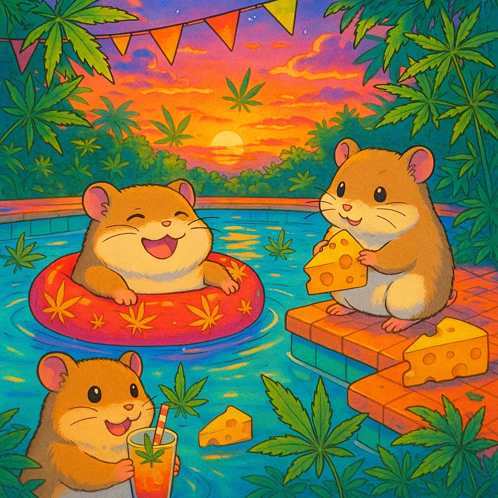 square colorful pool party scene at sunset with up to 3 hamsters, weed leaves, cheese, and THC theme, extra vibrant, dreamy, nostalgic, fun, inviting, summer party vibe, clear composition, no disco ball emoji