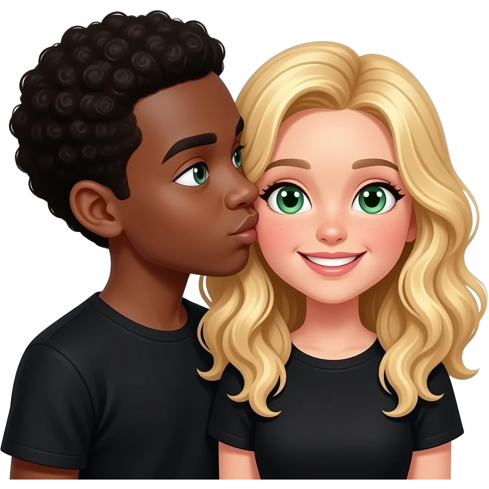 Chico negro da beso a chica rubia con pelo rizado ojos verdes. Van vestidos de negro los dos y sonrien emoji