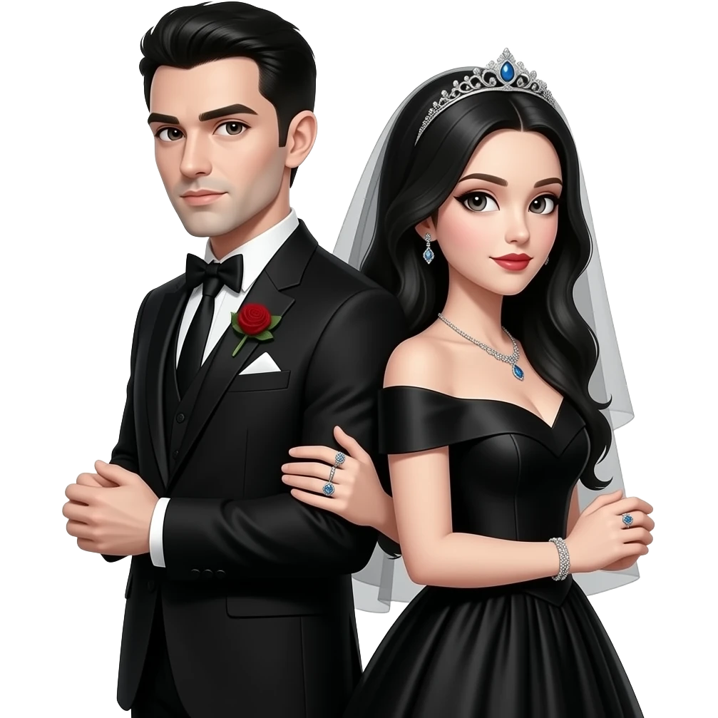 gothic couple married wearing rings standing with their backs against eachother wearing black wedding clothes emoji