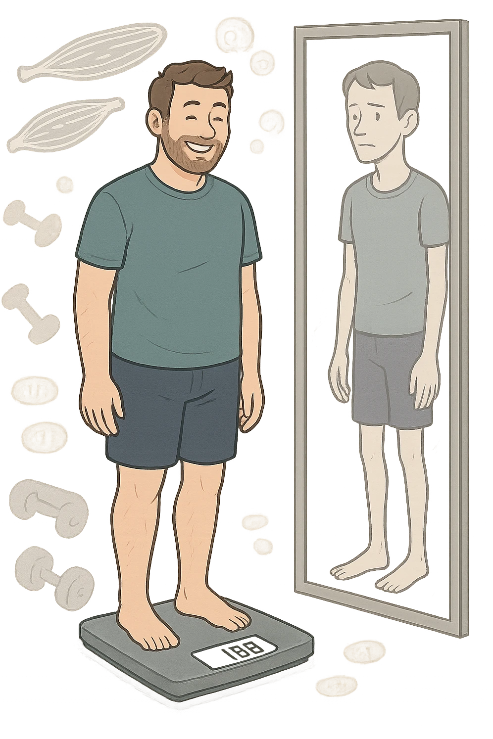 a man stands on a scale, smiling at the lower number, but his reflection in a nearby mirror shows a thinner, but also visibly weaker and less muscular body. Around him, floating icons or faded images of muscle fibers and dumbbells highlight the overlooked loss of muscle mass. The mood is cautionary and educational. in italiano emoji