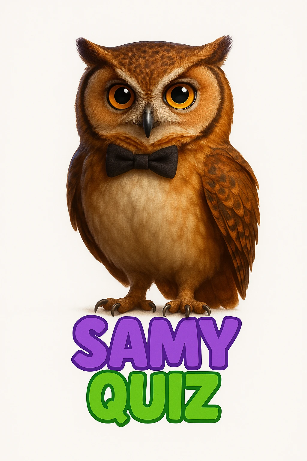 Create a realistic style image of the owl with a bow and the text 'SAMY QUIZ' exactly as in the reference image. Use more vivid and intense colors. Keep the background white. Do not change anything else from the reference image. emoji