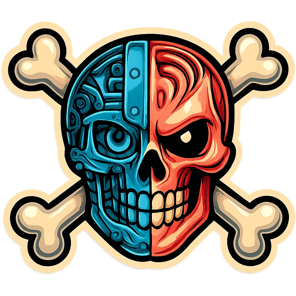 Render this skull and crossbones with mechanical and organic details in retro sticker style, bold outlines, vibrant colors, and a clean, sticker-like look. emoji