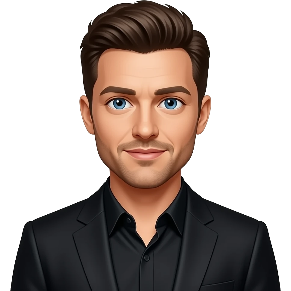 Robin Thicke with blue eyes, dark brown hair, black shirt, black suit jacket emoji