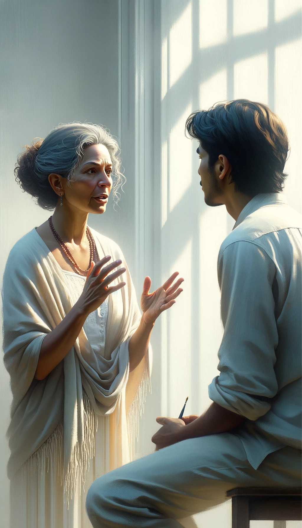  in a bright, softly lit room with a light background, a person is speaking with expressive gestures and a focused expression. In the foreground, another person is seen from behind, listening attentively. The details of hair, skin, and clothing are crisp and lifelike, with subtle reflections and natural shadows. The overall mood is calm and intimate. emoji