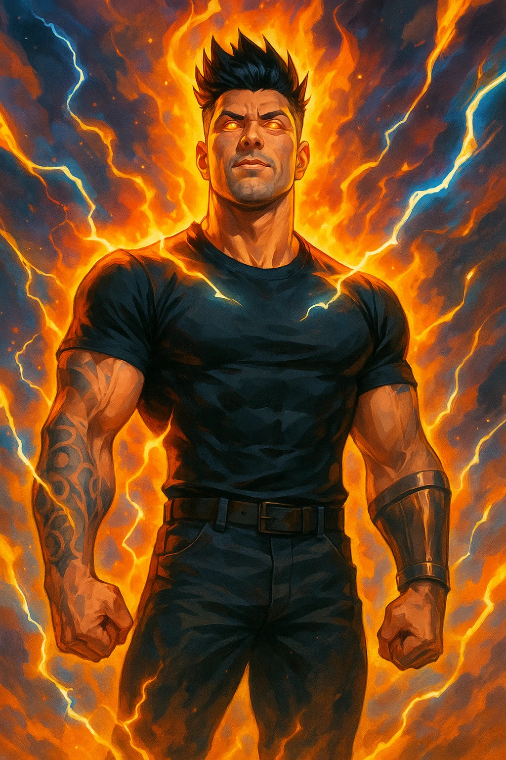 a muscular man with spiky hair stands in a powerful pose, surrounded by a glowing, fiery aura His eyes are intense and determined, and his body radiates energy and confidence. Lightning bolts and energy waves crackle around him, symbolizing a surge of testosterone and vitality. The background is dramatic, with swirling clouds and vibrant colors. emoji