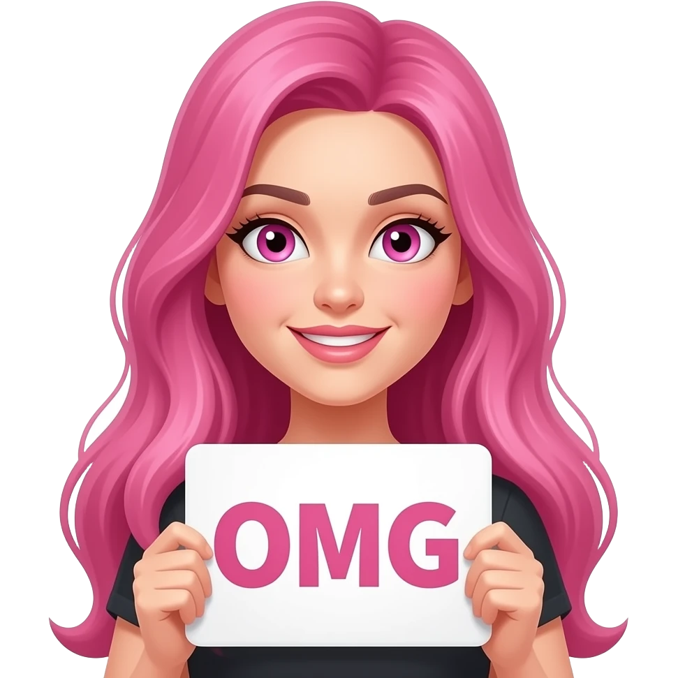 sexy girl with long pink hair and pink eyes wearing a holding a OMG sign emoji