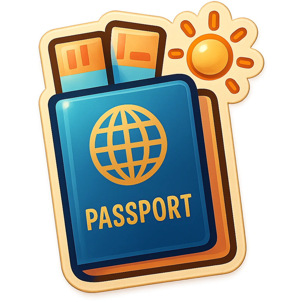 vector-style drawing of a passport with two tickets sticking out, and a small sun or cloud icon above the passport, in a retro sticker style with bold outlines and glossy highlights emoji