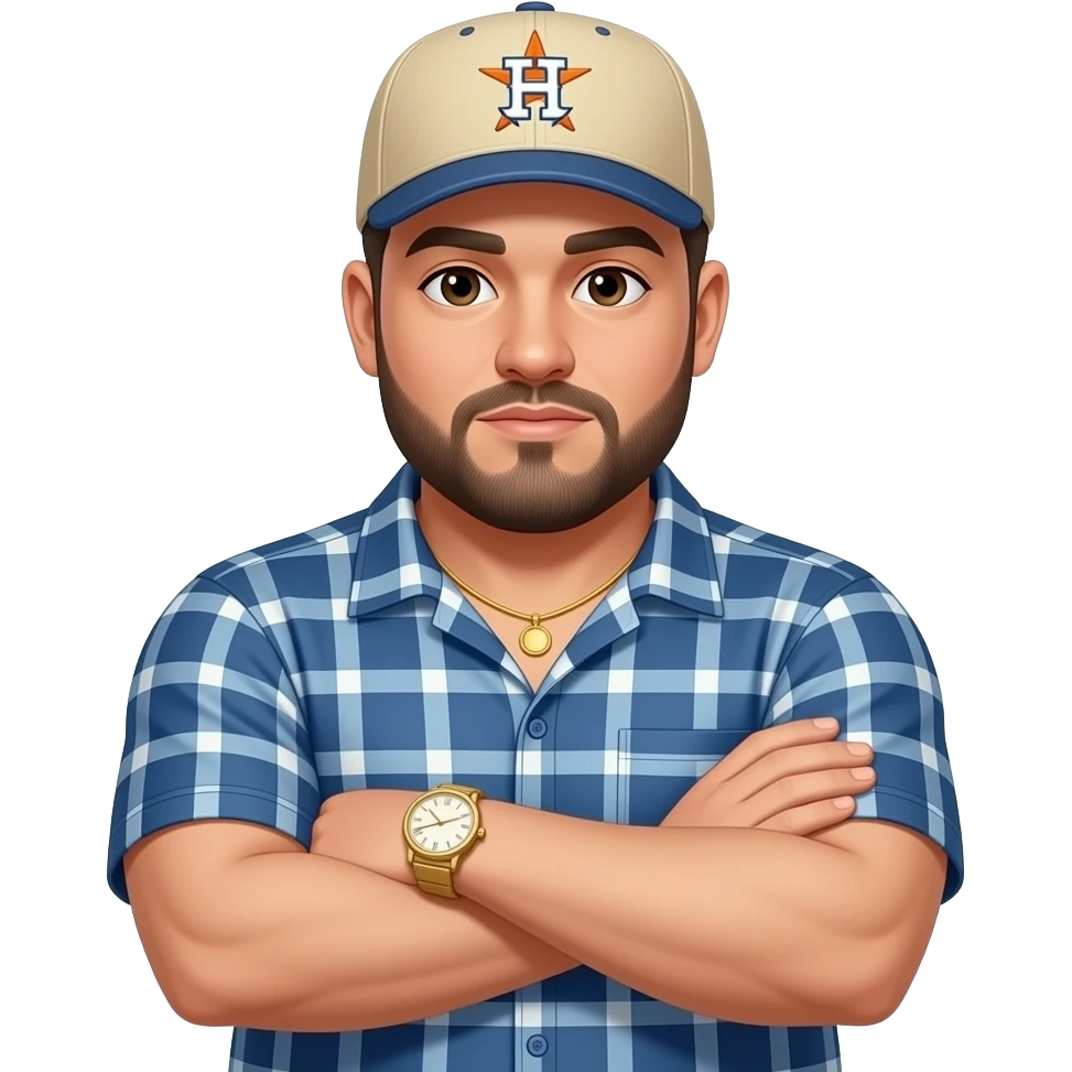 Chubby man with apricot skin tone with lightly shaved black beard wearing a blue button down short sleeve shirt with matching shorts with square pattern designs wearing an all beige color Huston Astros logo baseball cap wearing a gold tennis necklace and a gold wrist watch with arms folded emoji