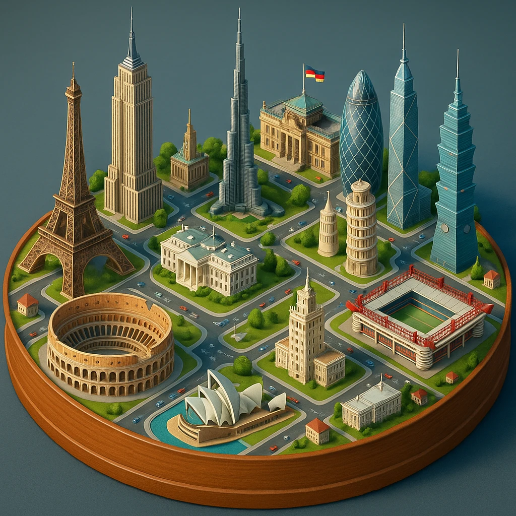 Оставь основу картинки - деревянную подставку, но при этом сгенерируй изометричная, яркая, детализированная и фотореалистичная иллюстрация где будет самые узнаваемые здания мира Эмпайр Стейт Билдинг, Эйфелева башня, Колизей, Сиднейская опера, стадион Сан-Сиро, Белый Дом Пизанская башня, здание МГУ, Бурдж-Халифа, Башни Петронас, Небоскрёб Фостера в Лондоне, Рейхстаг, Тайбэй. Здания не должны повторять и должны быть на картинке в единственном экземпляре emoji