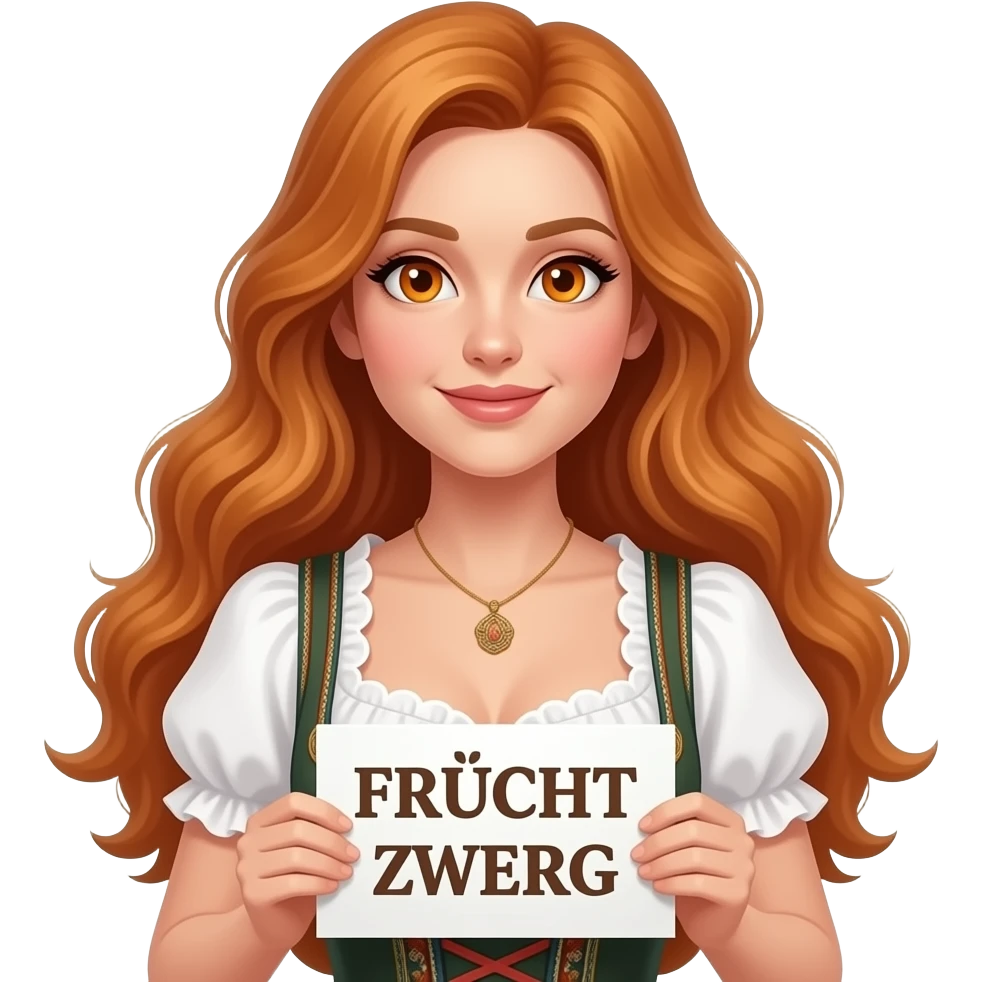 sexy girl with overlong ginger hair and ginger eyes wearing a dirndl holding FRUCHT ZWERG sign emoji
