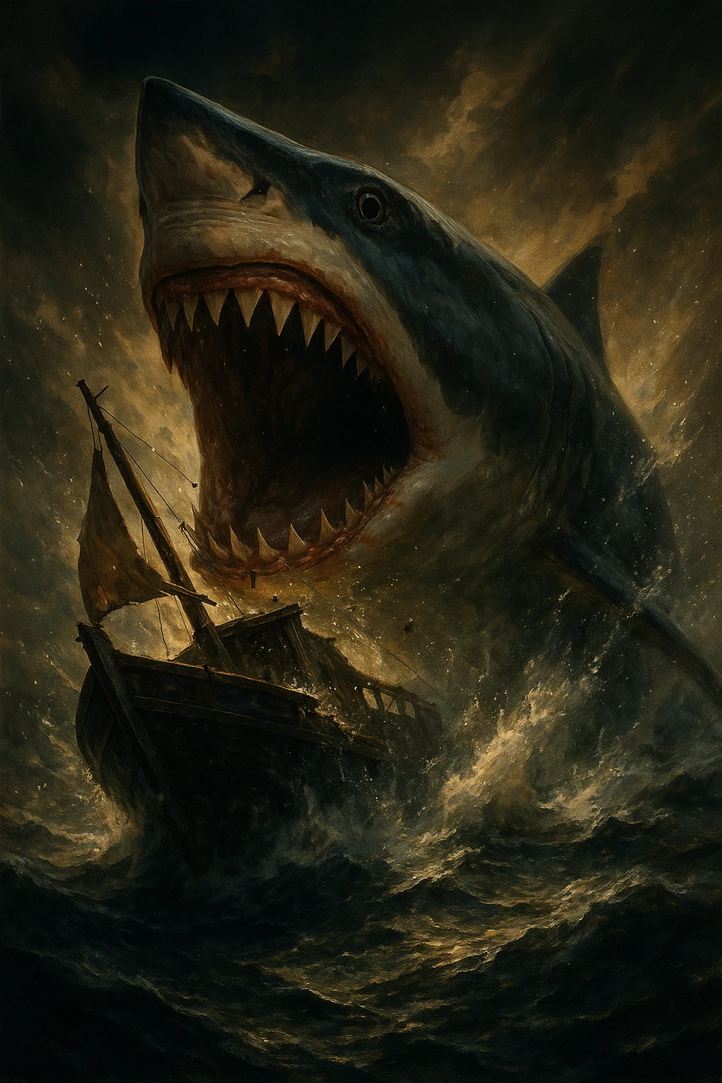 a shark eating a boat, dramatic cinematic style, intense lighting, high contrast, epic scene emoji