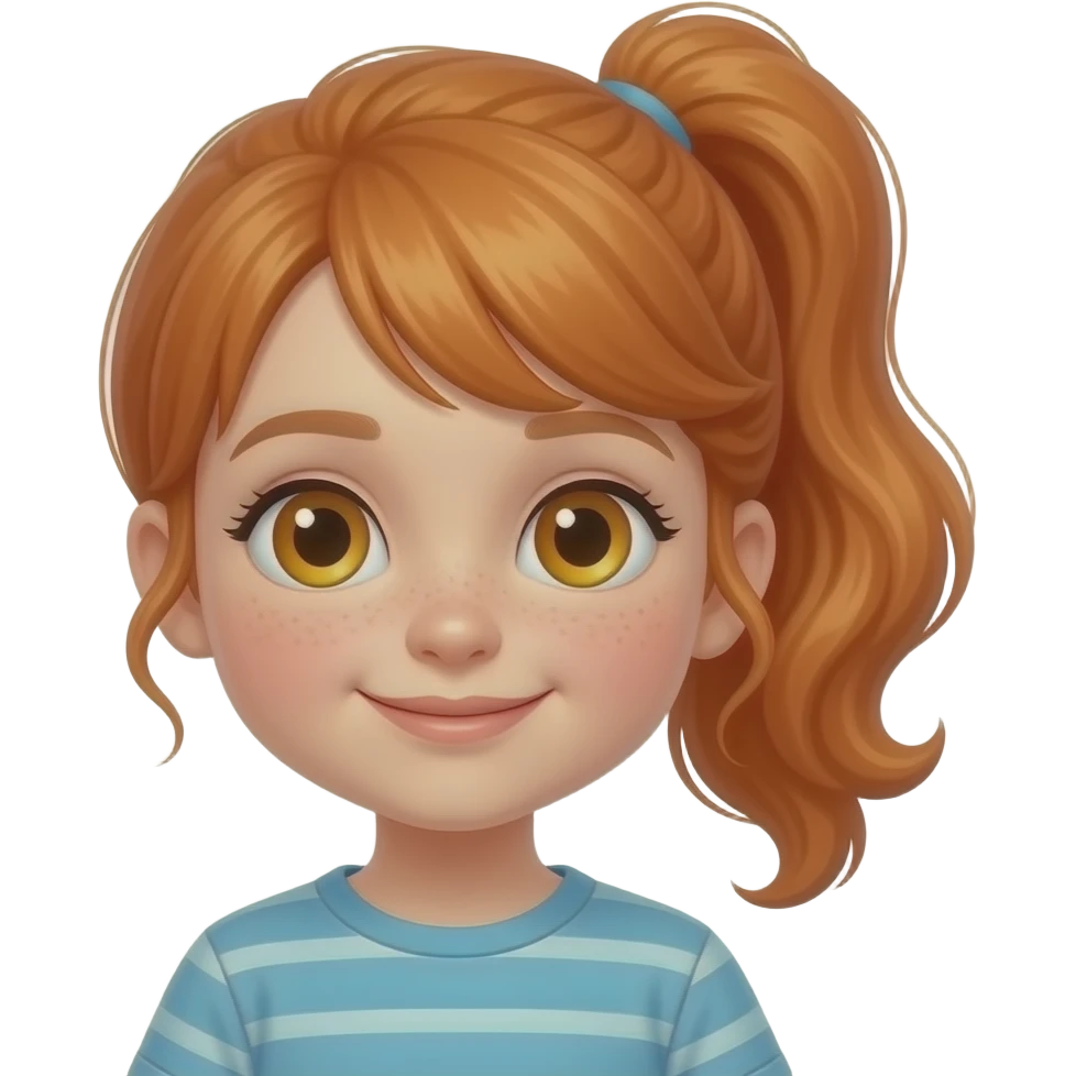 Niño pequeña pelirroja con coleta ondulada y ojos miel emoji