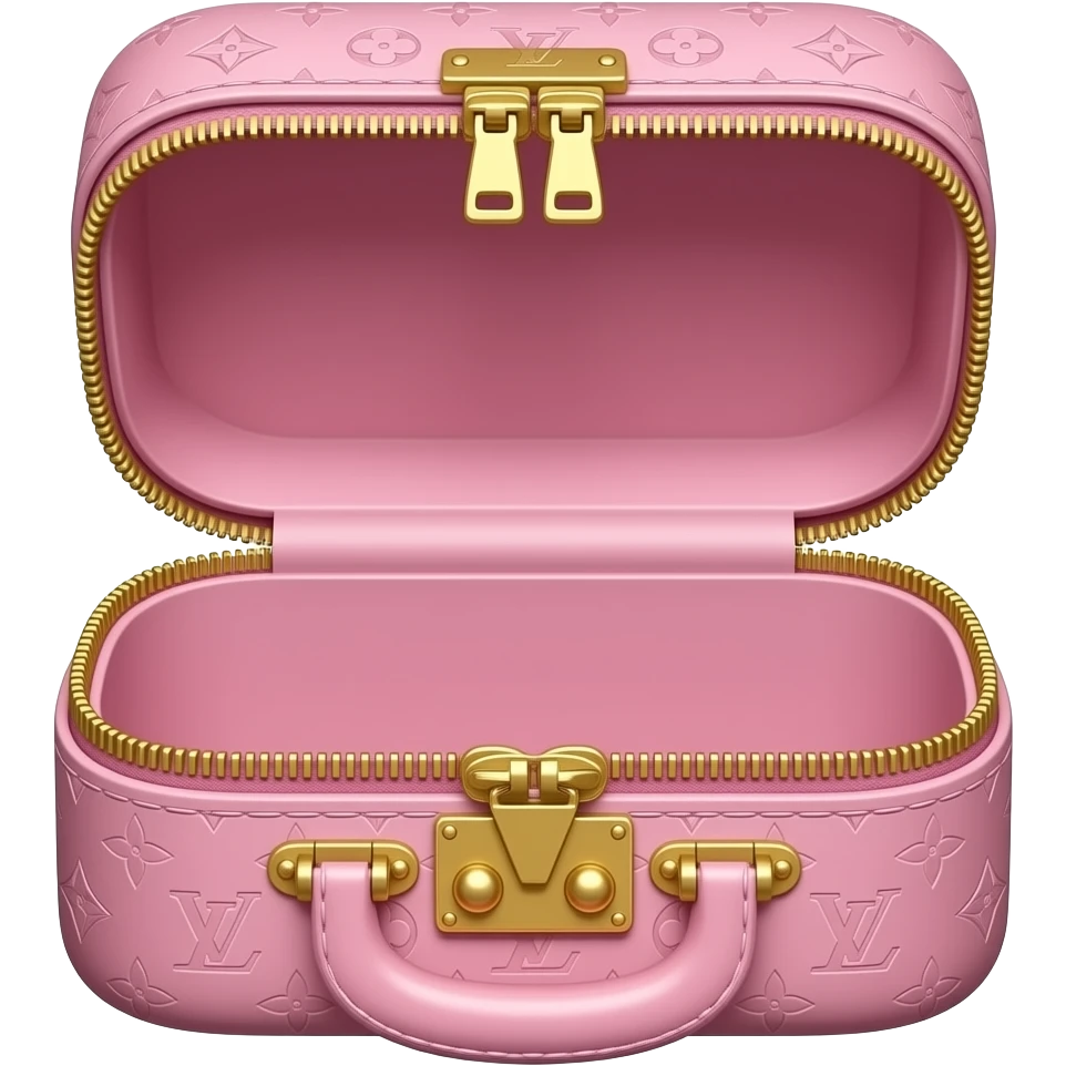 estuche realista con cierre grueso  dorado  abierto LV rosado vacio emoji