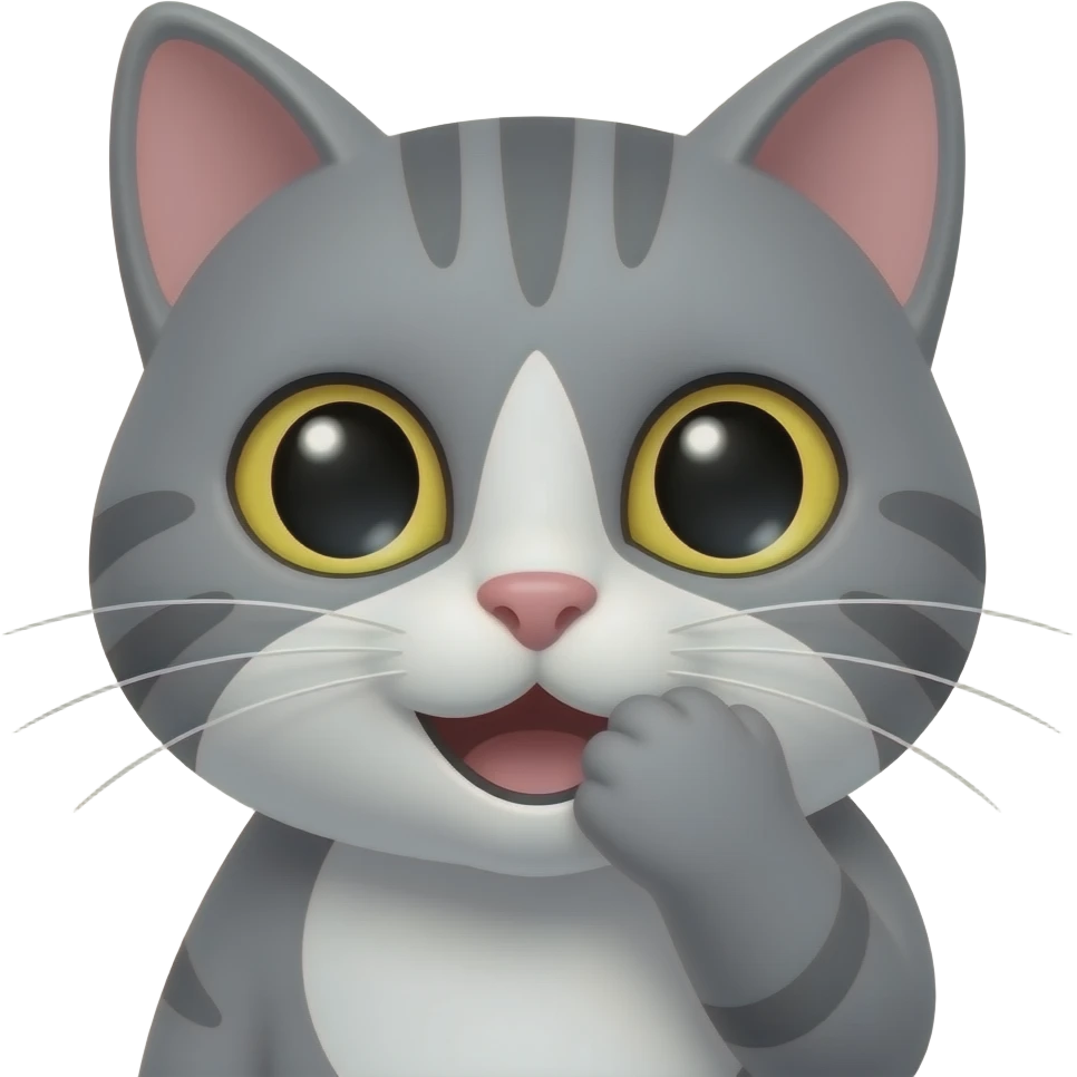 Grey cat smiling oopsie looking to the side covering its mouth emoji