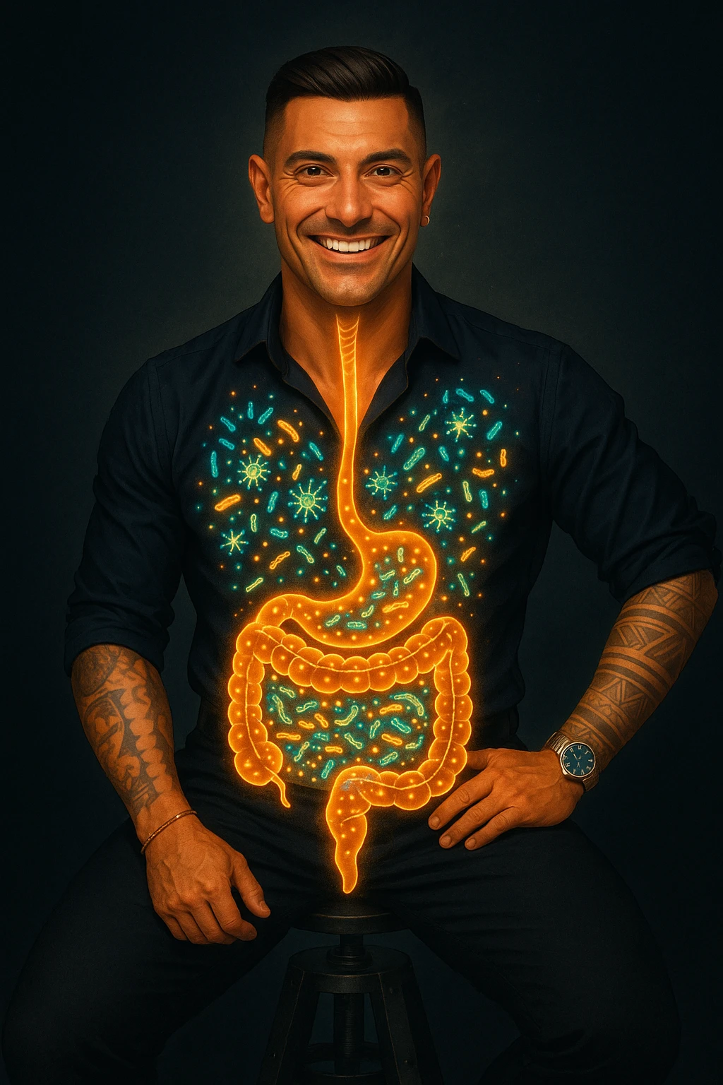 Radiant man with transparent digestive system showing diverse, thriving gut bacteria colonies in perfect balance, beneficial microorganisms glowing like constellation patterns throughout intestines, expression of optimal health and vitality, digestive tract functioning as harmonious ecosystem, immune system strengthened by microbial diversity, energy levels at peak performance emoji