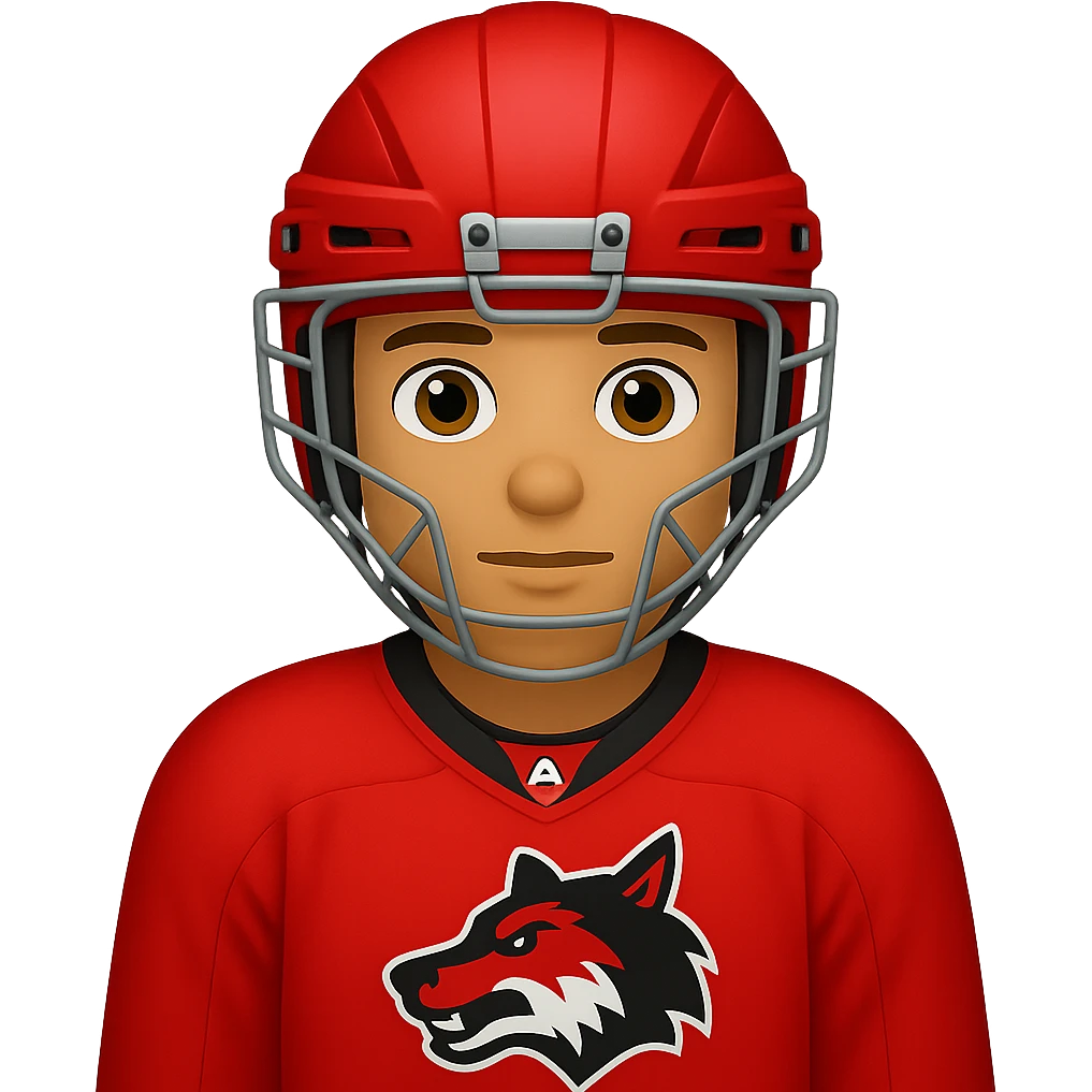 A hockey goalkeeper in red uniform with wolf image, emoji style emoji