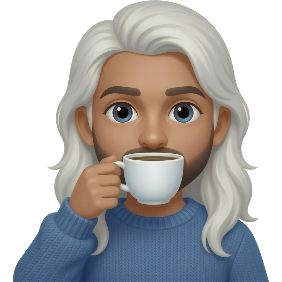 Mild Brown Pakistani boy with long white hair drinking coffee, wearing blue sweater, no facial hair - bare face emoji