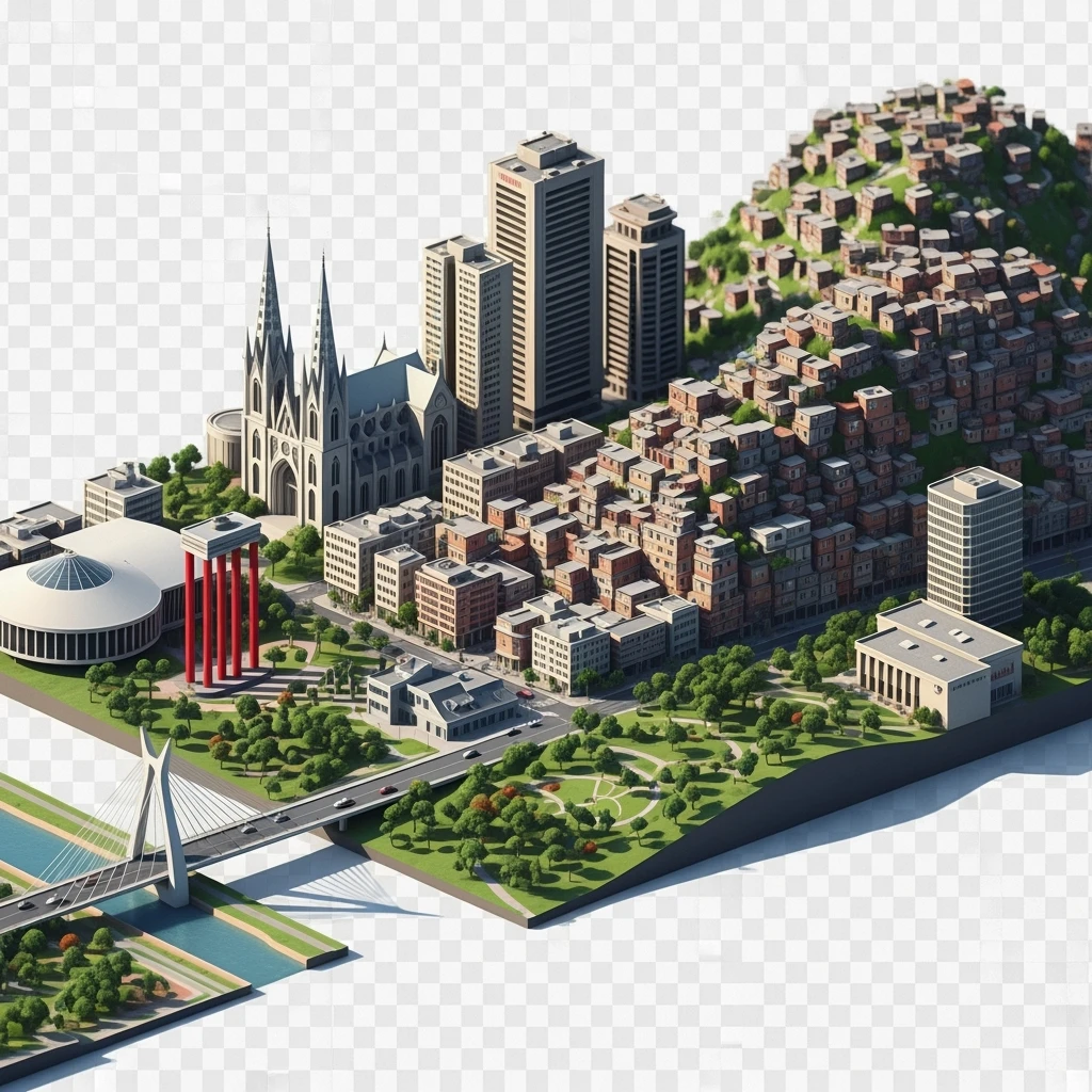 Isometric miniature of São Paulo Catedral da Sé, MASP on red pillars, Octávio Frias Bridge, and Altino Arantes building, favelas on hillsides, dense chaotic urban blocks, and green parks 3D miniature effect and Tilt Shift effect, no cartoonish look, transparent background. emoji