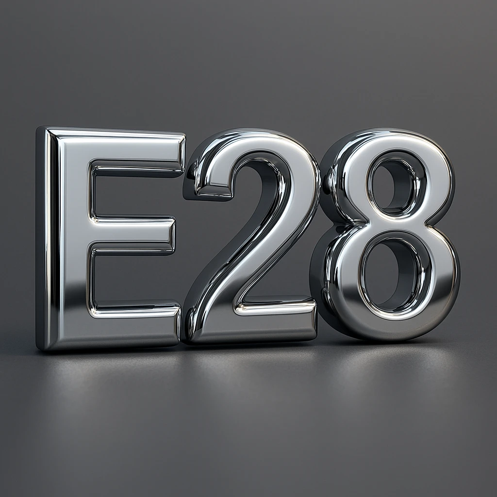 3D chrome letter 'E28' with a reflective surface emoji