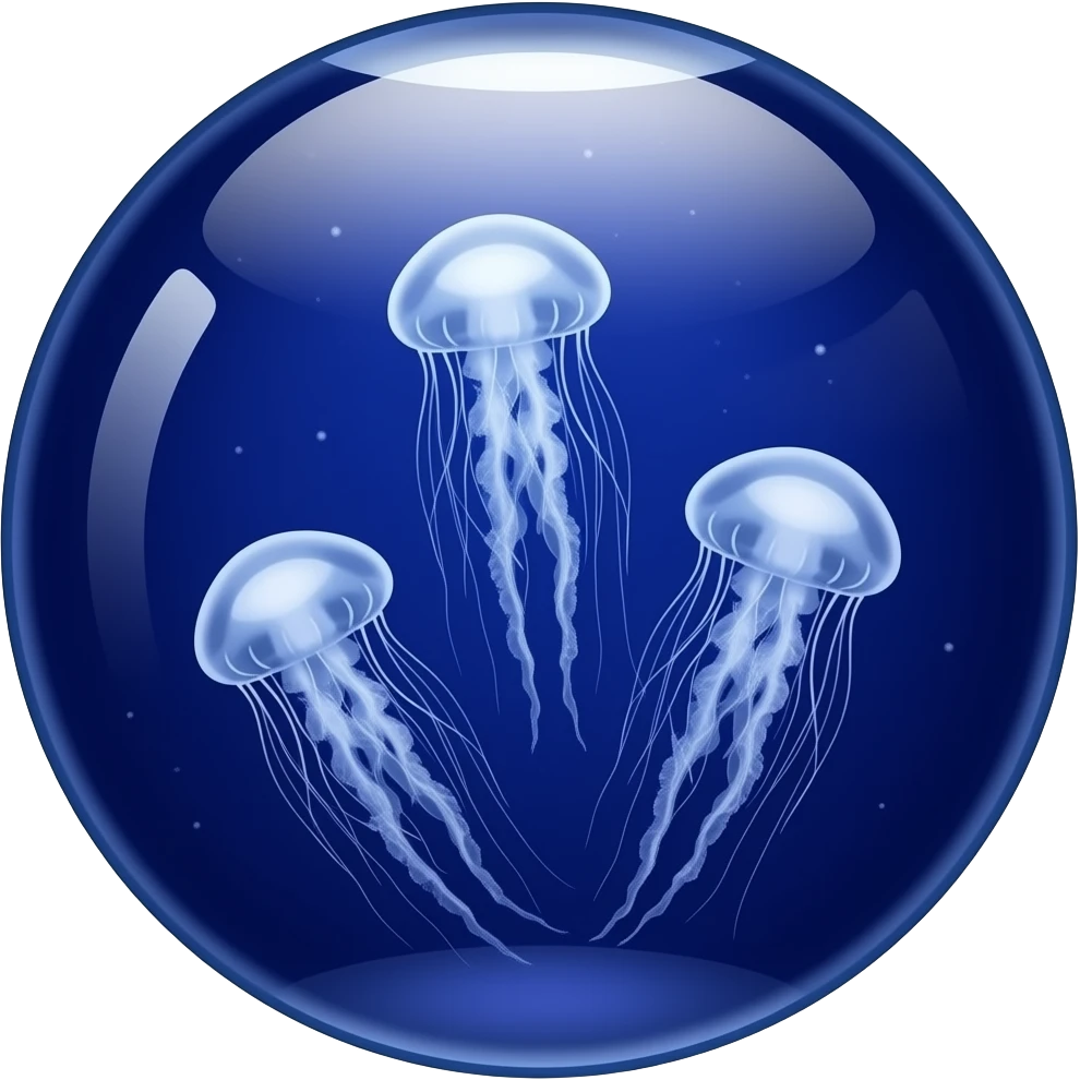 Big three jellyfish in a flat round aquarium swimming blue and purple light (dark water) emoji