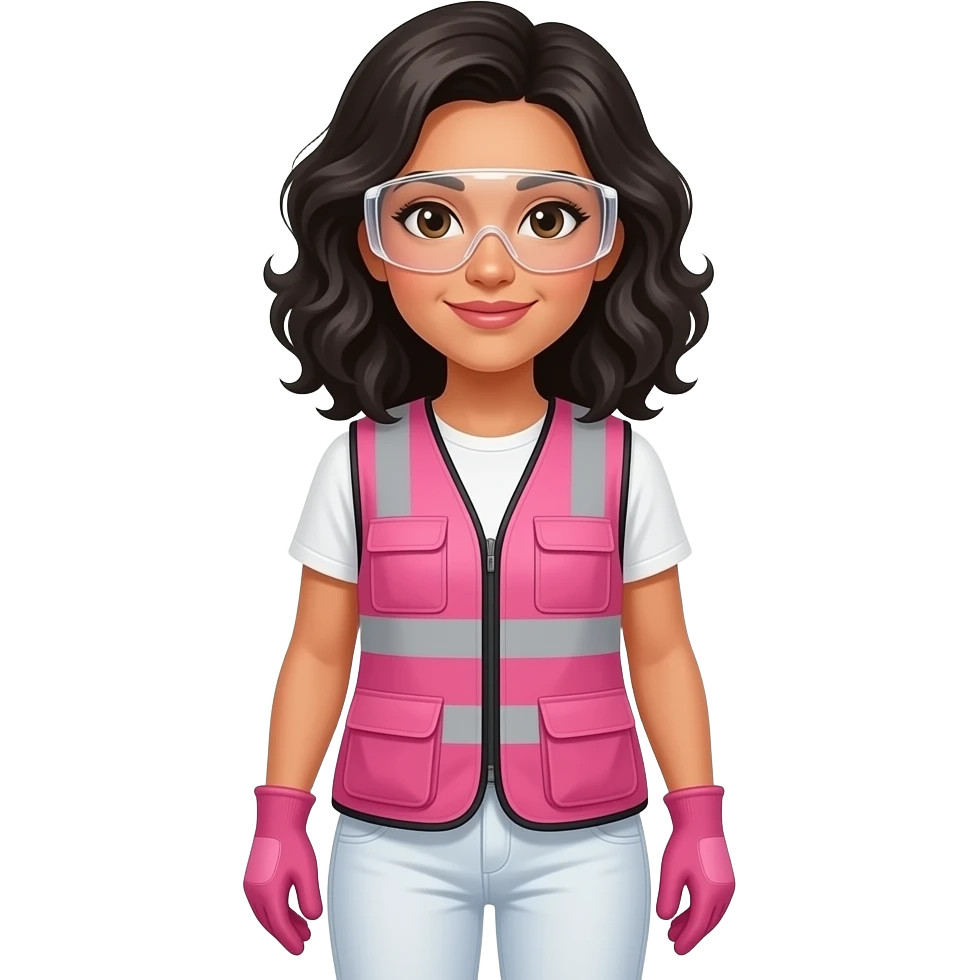 Hispanic woman with brown eyes with shoulder length black curly wavy light brown wearing pink and clear safety glasses wearing a pink construction vest wearing white pans wearing pink construction vest wearing white pants wearing pink construction gloves emoji