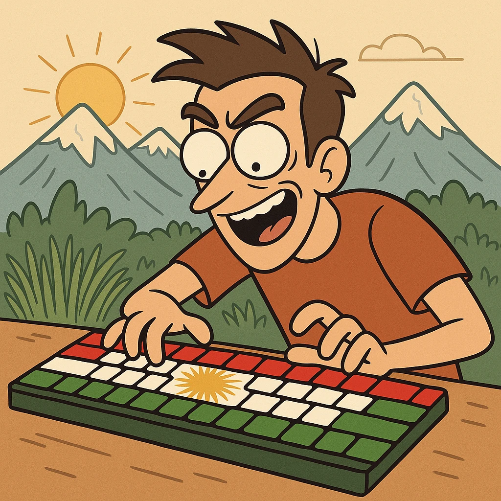 cartoon keyboard theme with background of Kurdistan mountains, yellow sun and Nowruz greenery, keys colored with Kurdistan flag colors emoji