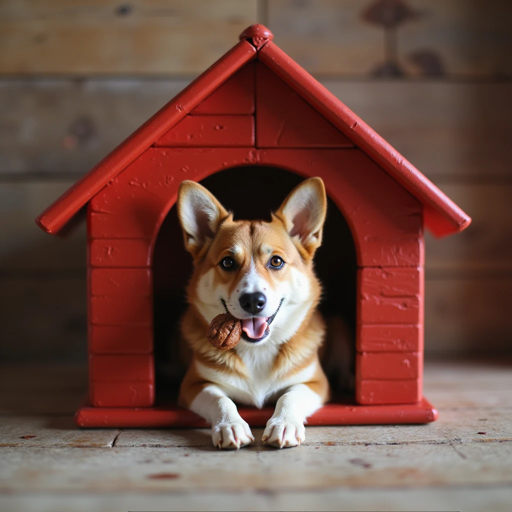 realistic red dog house with a Corgi dog inside, Corgi with a chew toy, photorealistic style emoji