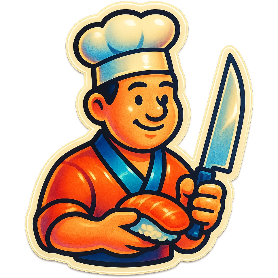 A sushi chef with a chef's hat and a retro vibe emoji
