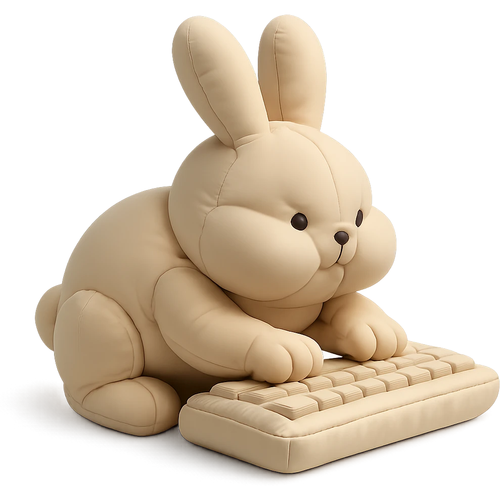 full-body vanilla bunny typing fast on a keyboard, cheeks puffed, cushion style emoji