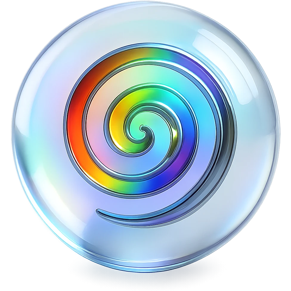 Make the reflective chrome spiral at the center of the clear sphere rainbow-colored, keep the sphere emitting a faint glow with no background. emoji
