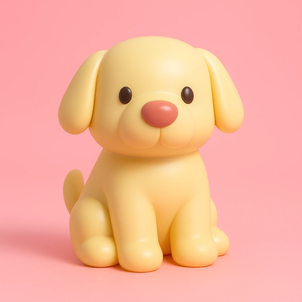               Transform {subject} into a soft vinyl figure with a smooth, glossy surface. The material should look slightly rubbery and tactile, with minimalistic curves and a matte-gloss hybrid finish. Use pastel or soft solid colors. The surface is seamless, with no visible textures or roughness. Studio lighting, vibrant background, clean, playful, designer toy aesthetic. {subject} = dog emoji