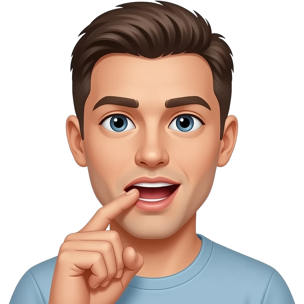 young man pulling up upper lip with index finger while placing white nicotine pouch under upper lip with thumb and middle finger of other     hand, mouth open, close-up face, 3D apple emoji style emoji