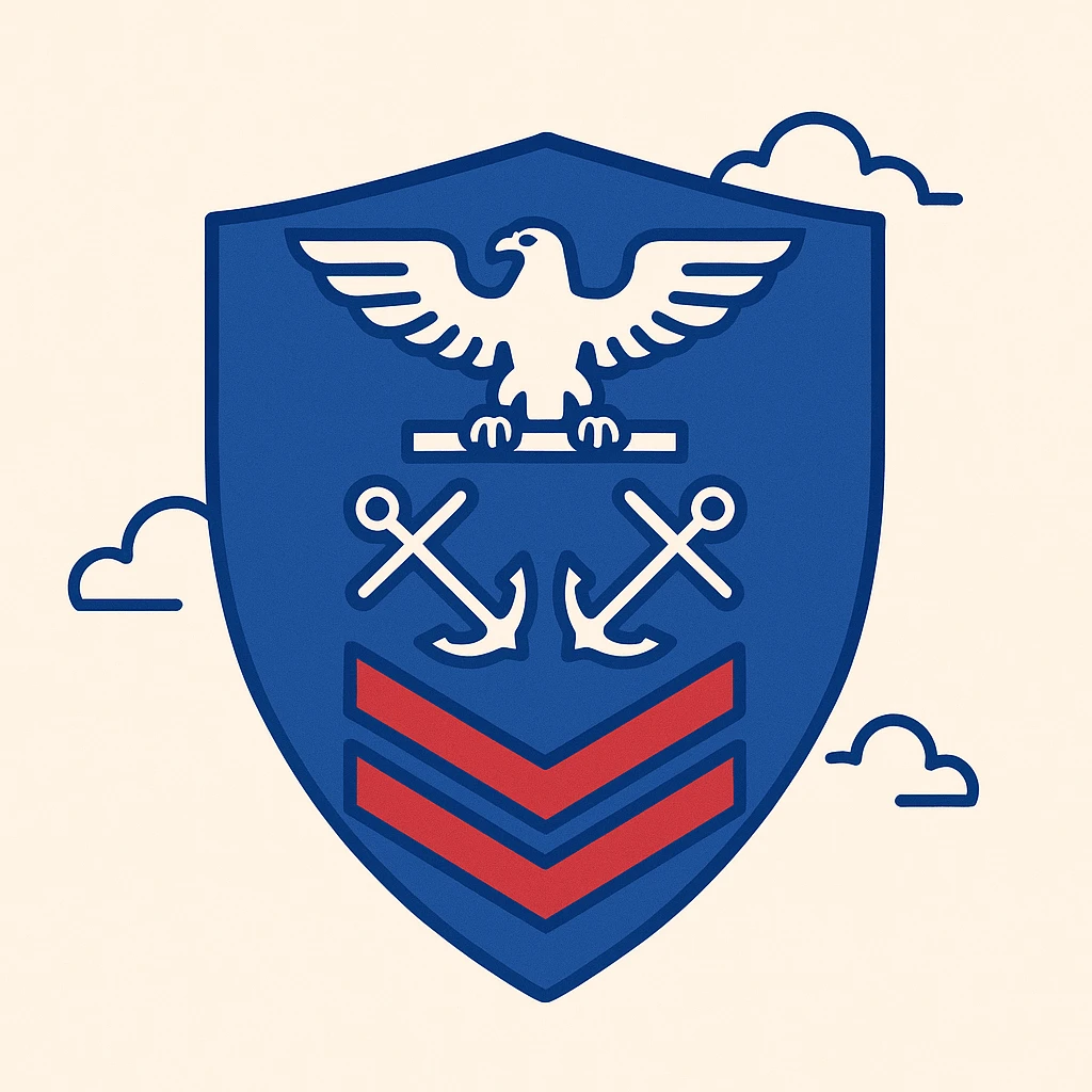 blue shield insignia with a white eagle holding a bar at the top, crossed white anchors below the eagle, and three red chevrons at the bottom, military rank badge style emoji