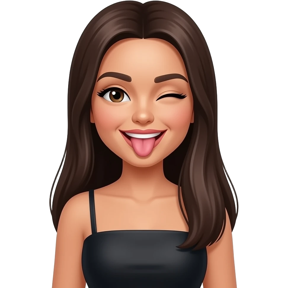 rich long straight hair burnet latina woman winky face with tongue out wearing cute black tube dress emoji