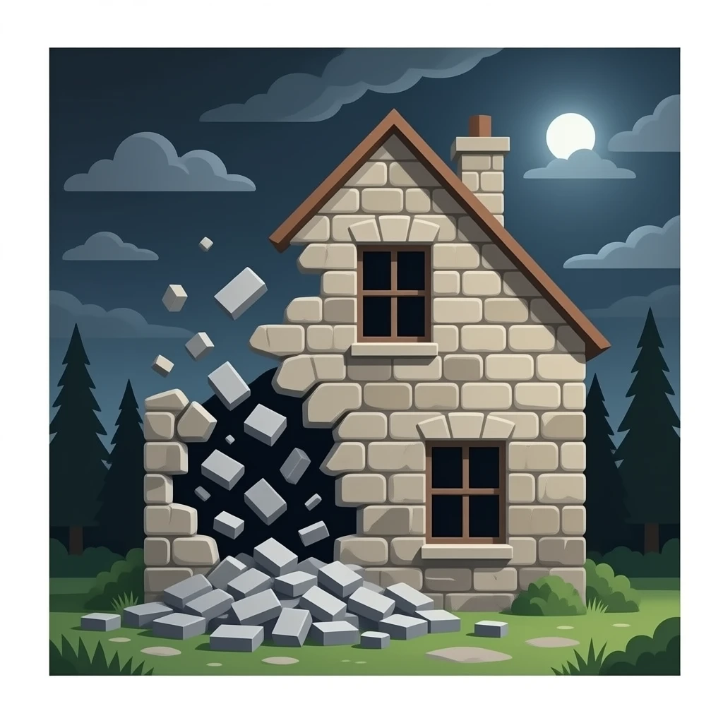 grey bricks falling on house, destroying it emoji
