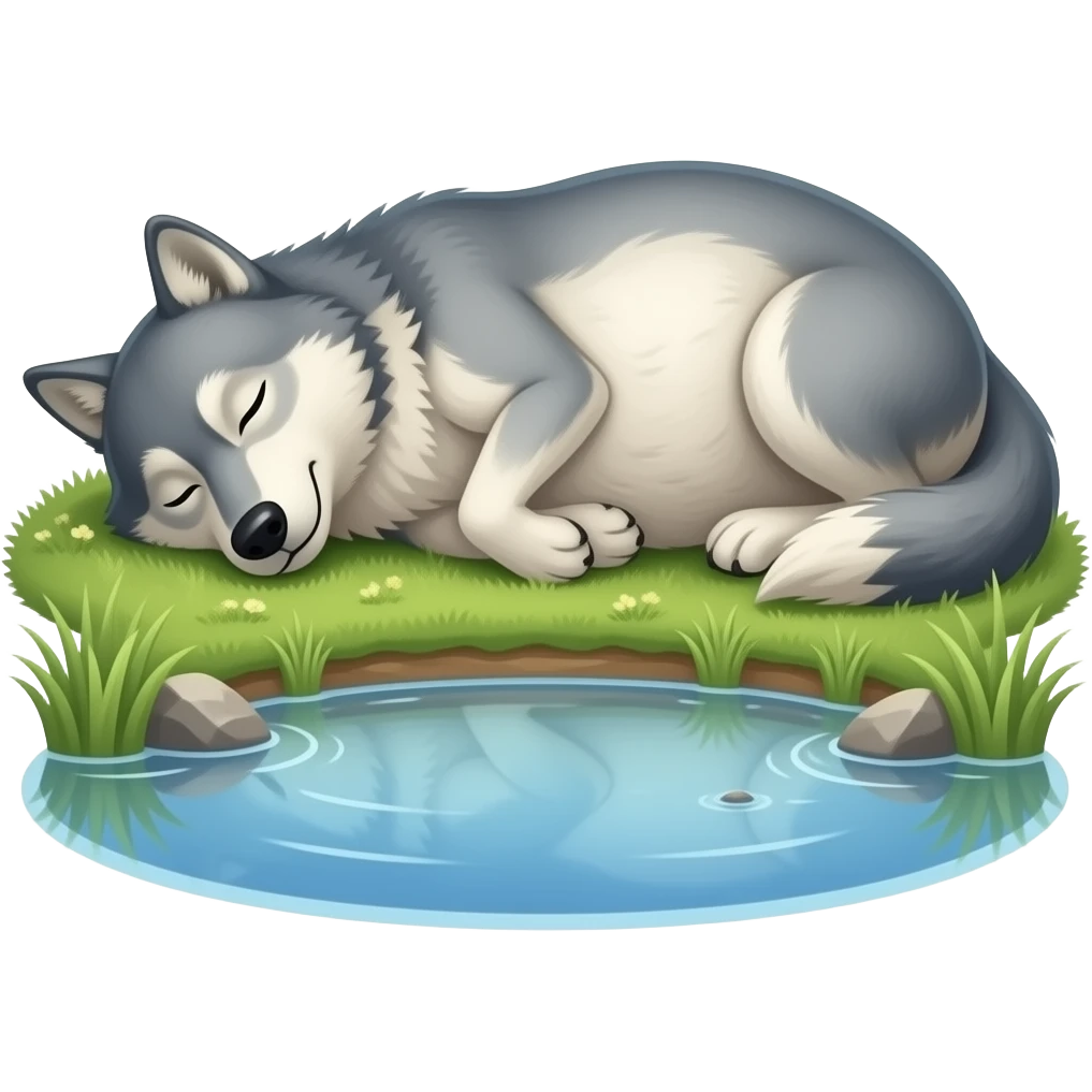 Hazme un lobo al lado del lago. El lobo tiene que tener mucha barriga y estar durmiendo. emoji