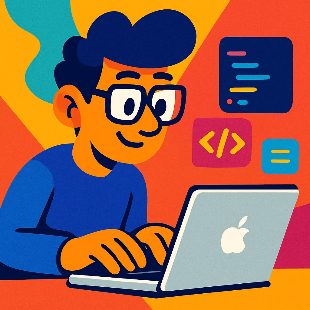 a person coding in front of a MacBook, cartoon style, exaggerated features, bright colors emoji