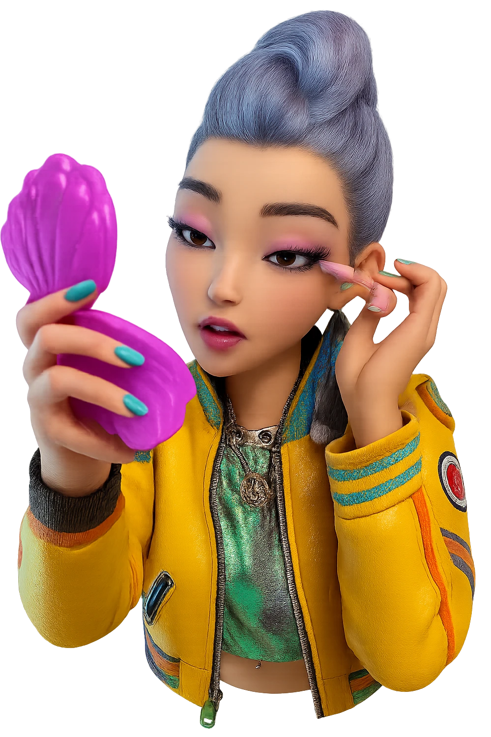 Extract the character from the background, including the clothes and accessories she is wearing, and place on a transparent background. Keep the original style and appearance exactly the same. emoji