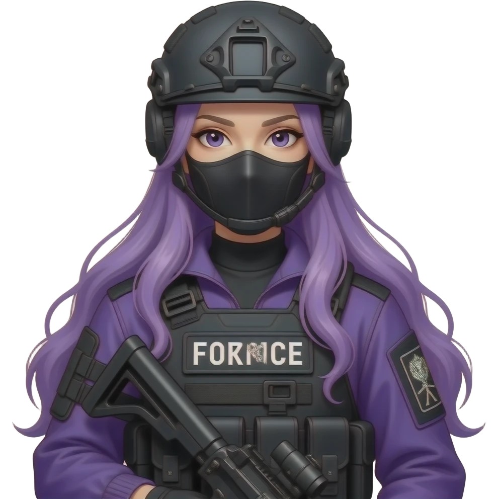 sexy girl with long purple hair wears a purple SPECIAL TACTICS FORCE OUTFIT BLACK FATIGUE AND COMBAT BOOTS PLATE with a helmet and a mask emoji