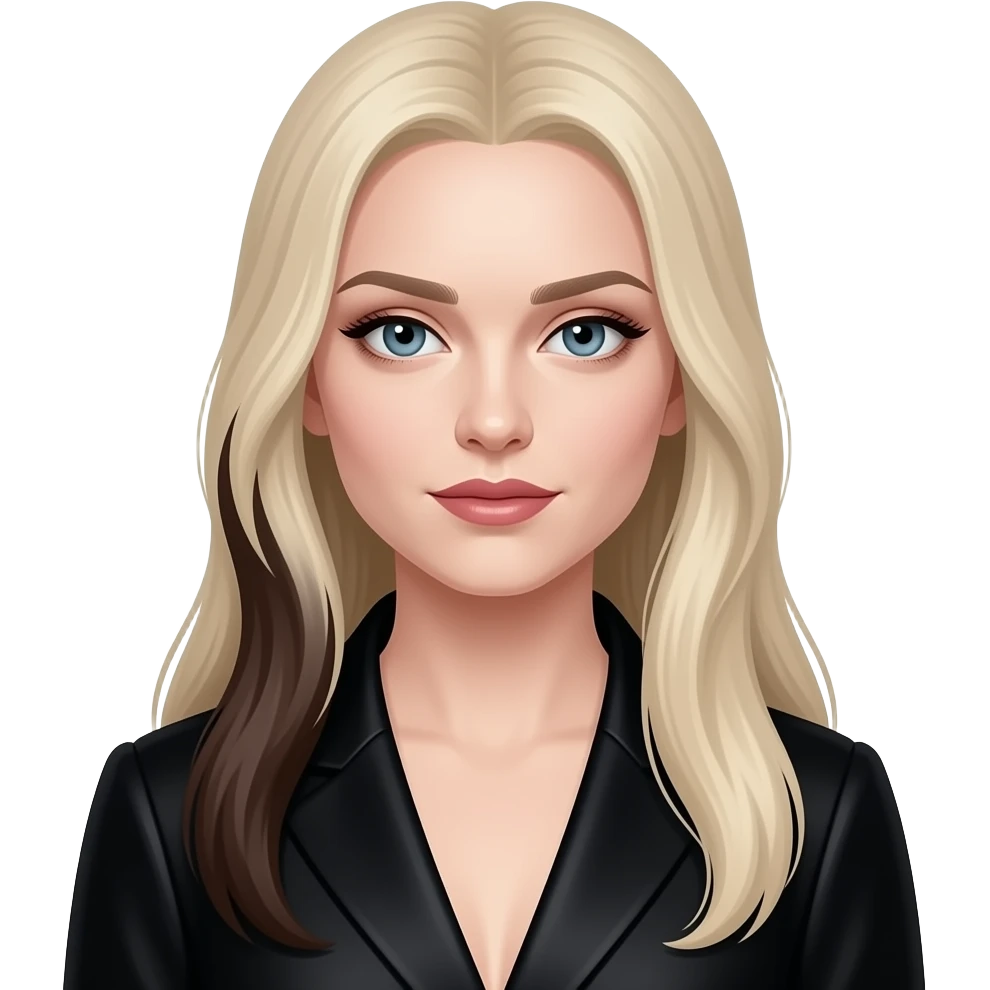 Narcissa Malfoy emoji, Apple style, clean 3D, soft gradients, adult woman, elegant aristocratic features, pale skin, long straight blonde hair with dark underlayer (half-blonde half-dark), sleek luxurious black outfit, high detail emoji