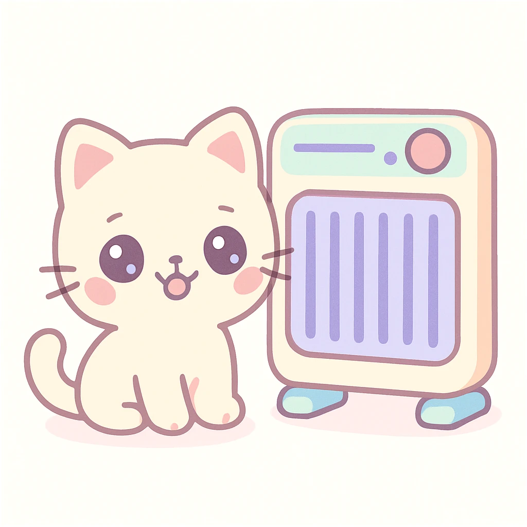 happy kawaii style kitten in front of a heater panel, light background emoji
