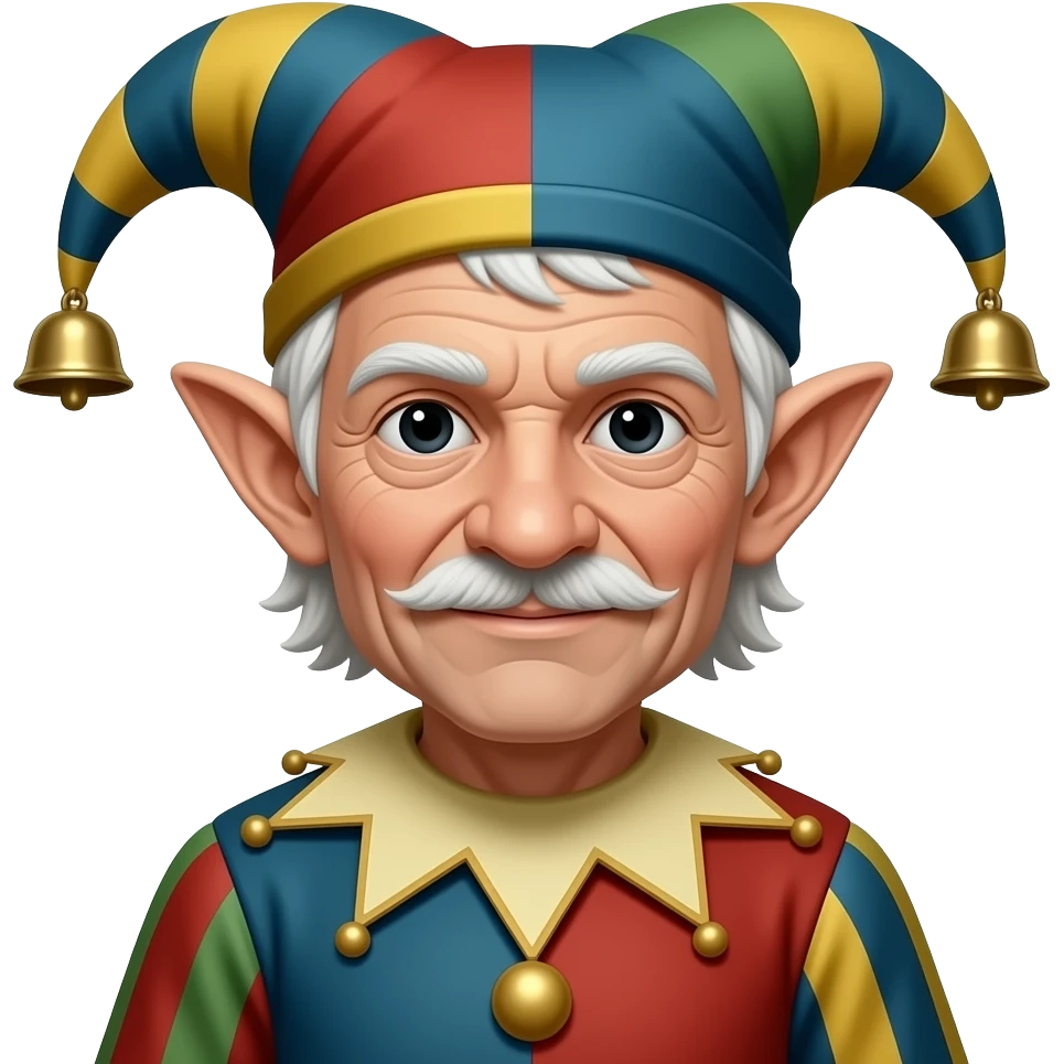 duende, elf ears, older, white hair, black eyes, dressed as a court jester emoji
