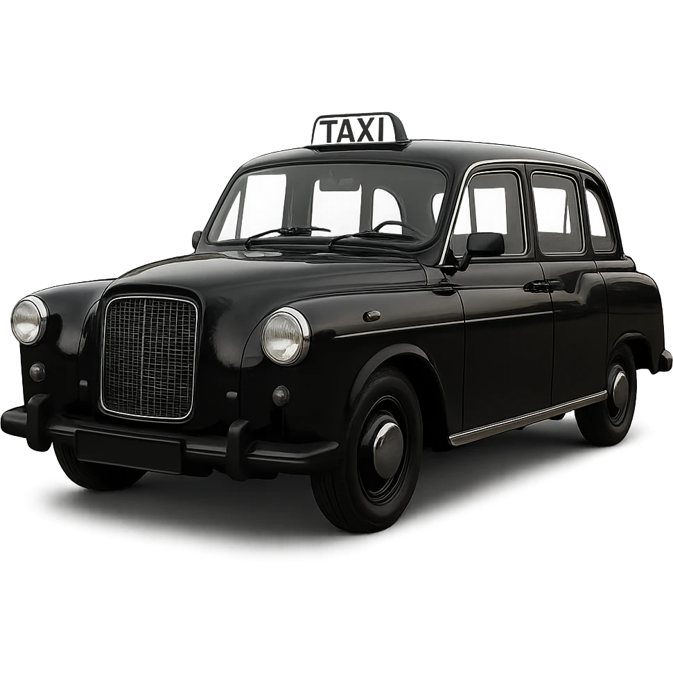 A classic taxi cab painted black, clear 'TAXI' sign on top, no yellow color in design emoji